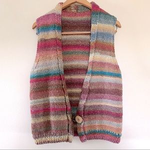 Vintage handmade colorful striped knit crocheted vest with wooden button closure